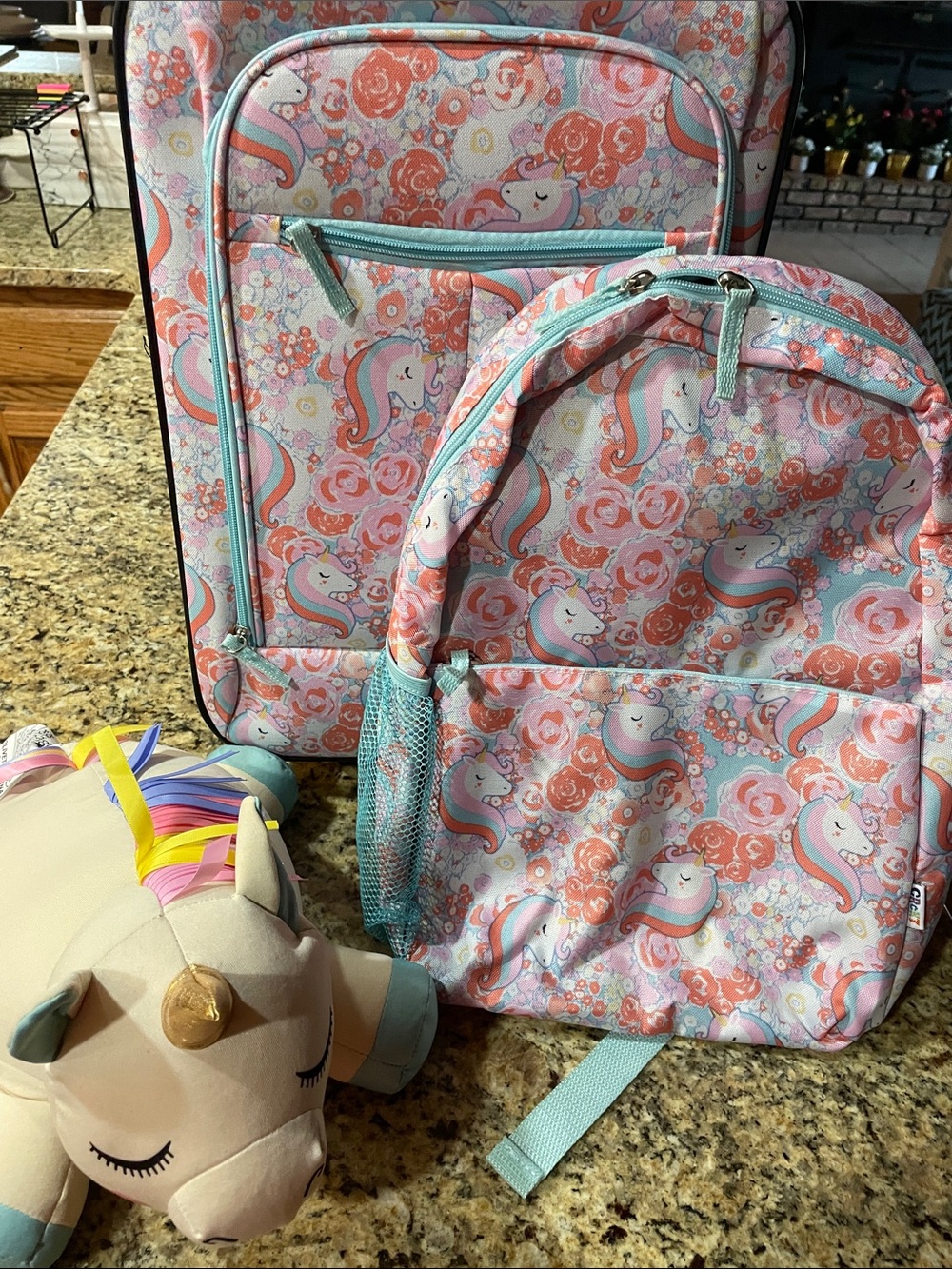 Unicorn Print Kids Carryon and Backpack Set - Pink & Mint